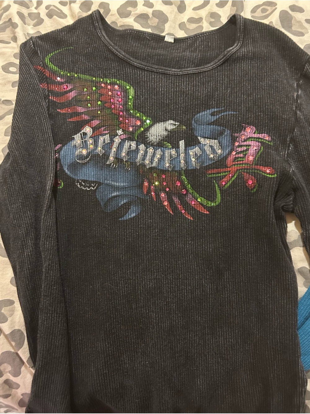 Black Ribbed Long-Sleeve Tee with Colorful Eagle Graphic